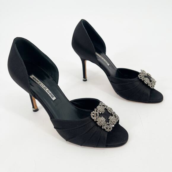 Manolo Blahnik Cassiado Black Satin Crystal Brooch D'Orsay Peep Toe Heels IT 36 - Picture 1 of 10